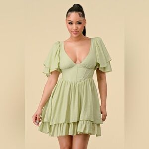 NWT Deep v neckline corset waist A line flare dress - Green